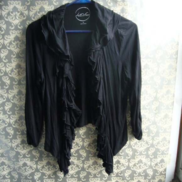 INC International Concepts Black Soft Ruffle Trim Jacket Single Hook Close - M - Picture 1 of 5